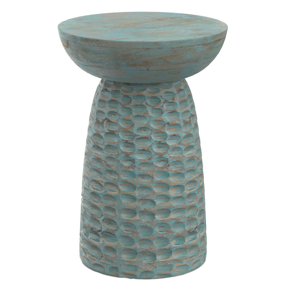 Teal Blue Solid Wood Round Drum End Table - 18-inch