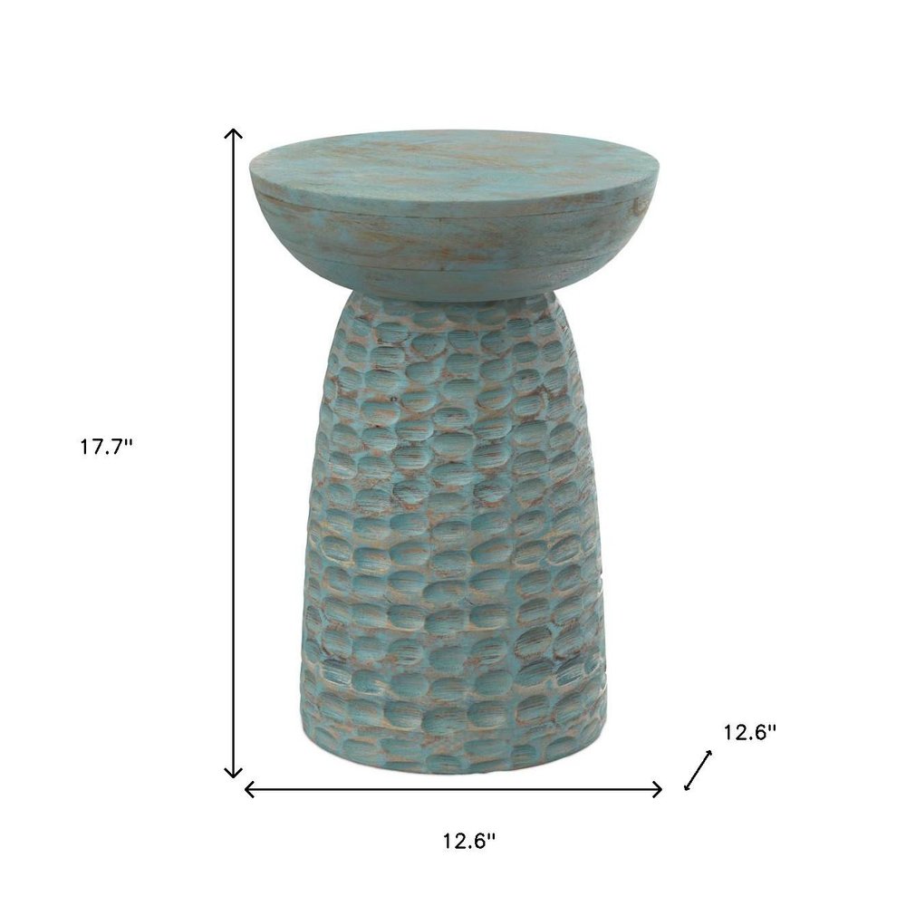 Teal Blue Solid Wood Round Drum End Table - 18-inch