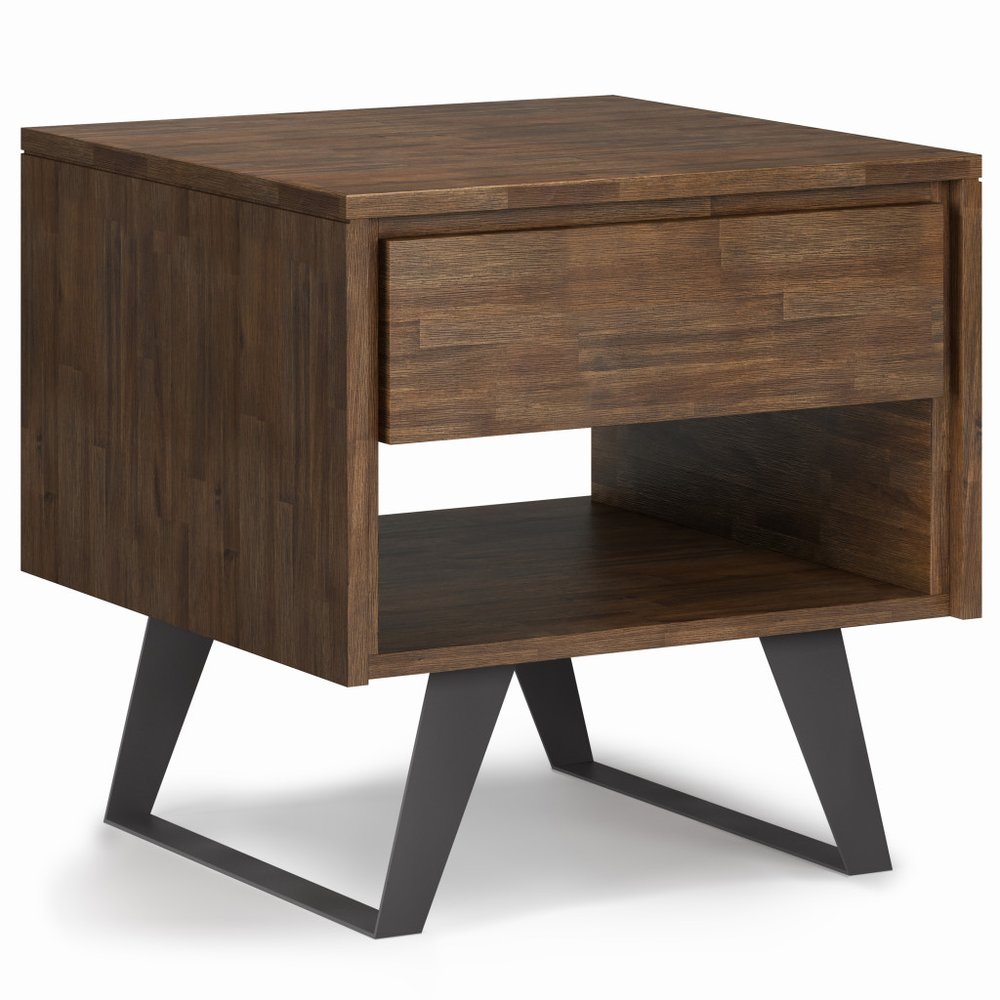 Brown and Black Solid Wood and Iron Square Sled End Table with Drawer and Shelf