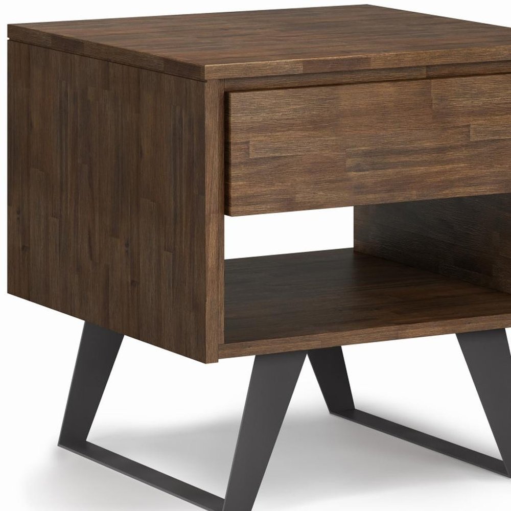 Brown and Black Solid Wood and Iron Square Sled End Table with Drawer and Shelf