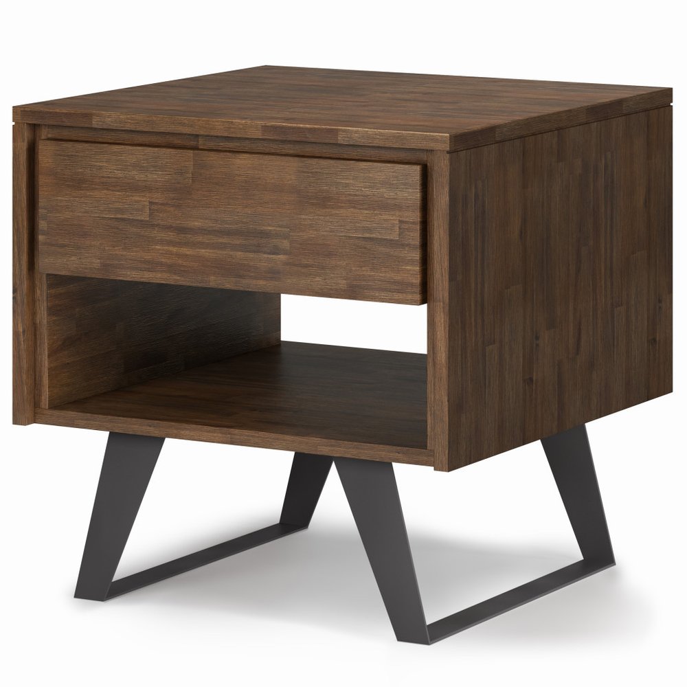 Brown and Black Solid Wood and Iron Square Sled End Table with Drawer and Shelf