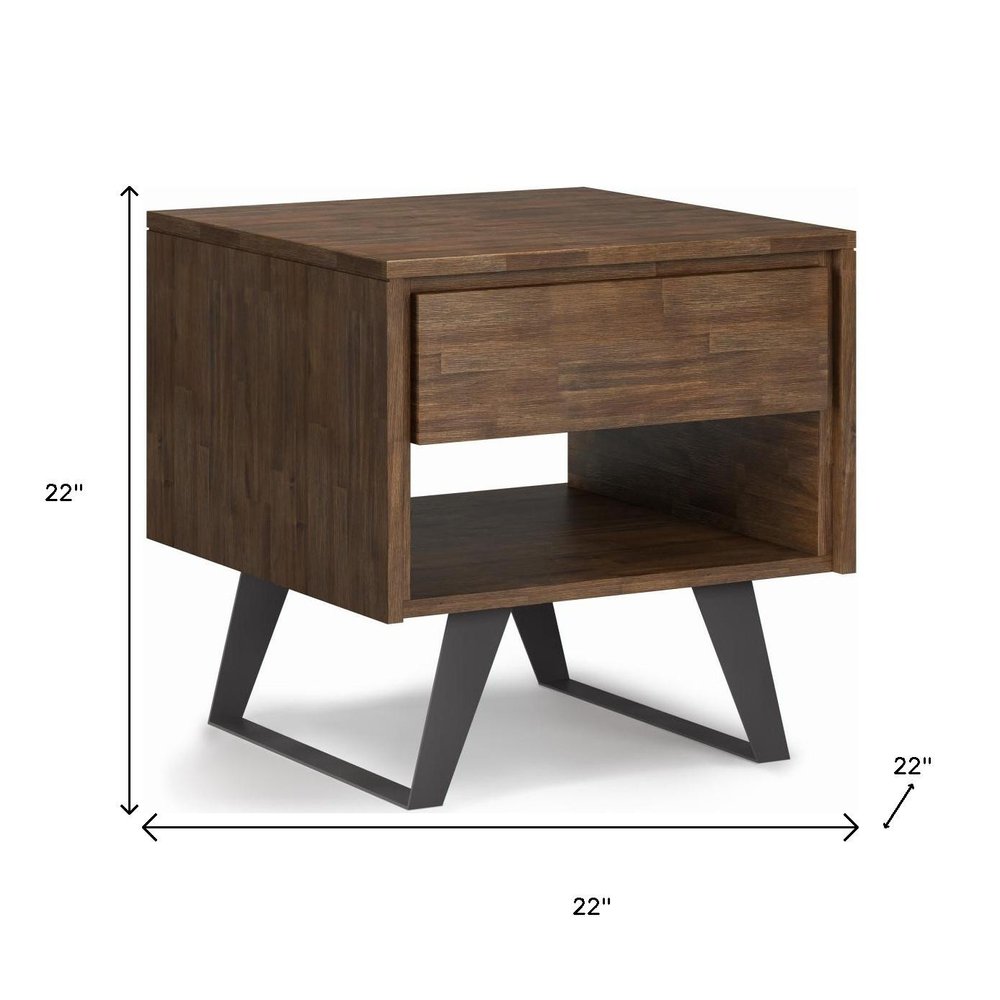 Brown and Black Solid Wood and Iron Square Sled End Table with Drawer and Shelf