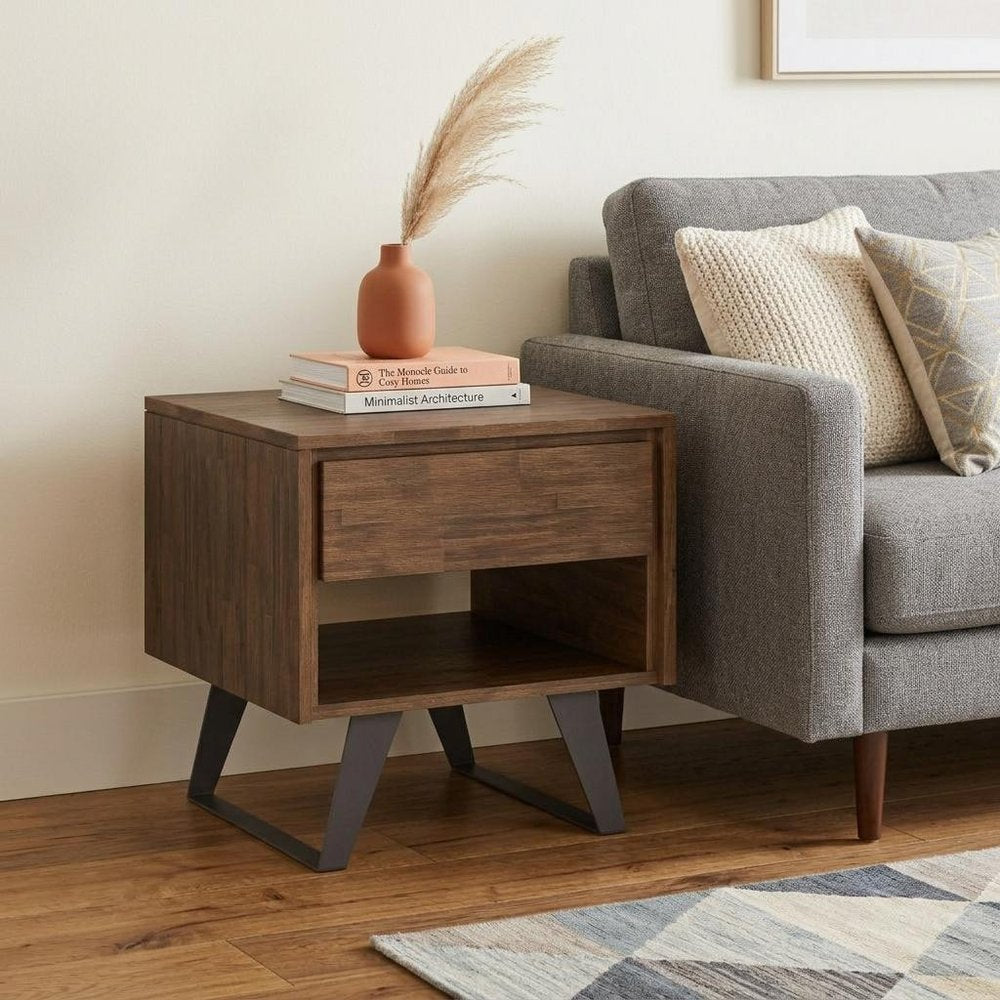 Brown and Black Solid Wood and Iron Square Sled End Table with Drawer and Shelf