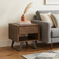 Brown and Black Solid Wood and Iron Square Sled End Table with Drawer and Shelf