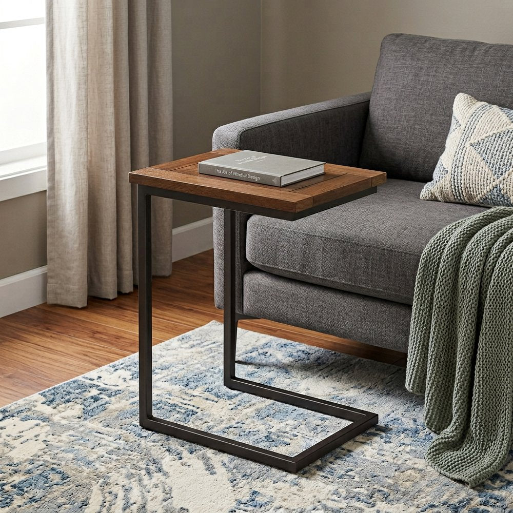 Dark Brown and Black Solid Wood and Iron End Table - 24-inch