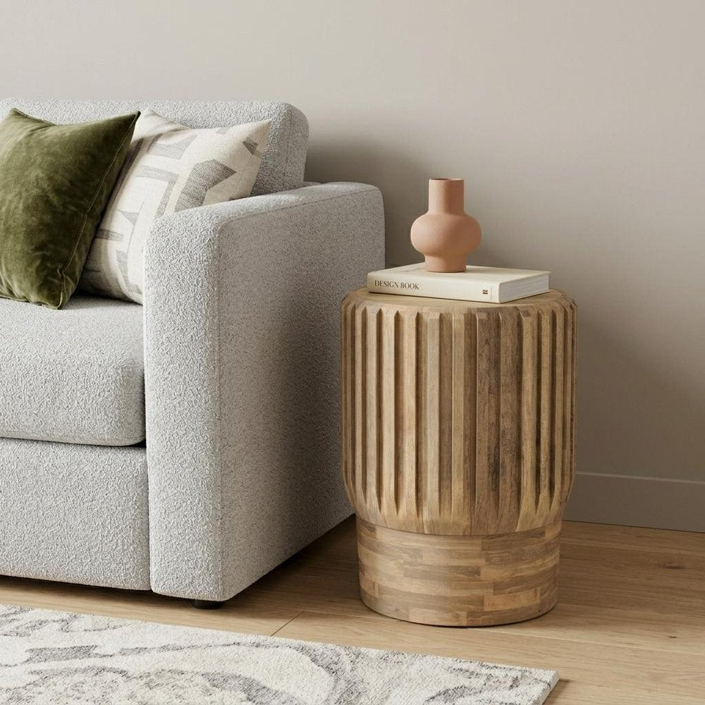 Natural Solid Wood Round Drum End Table - 20-inch