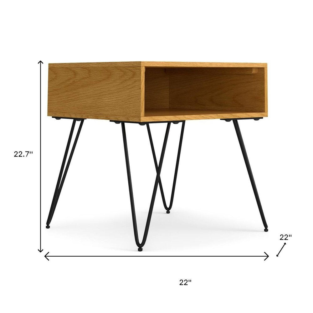 Oak Wood and Iron Square End Table with Shelf - 23-inch