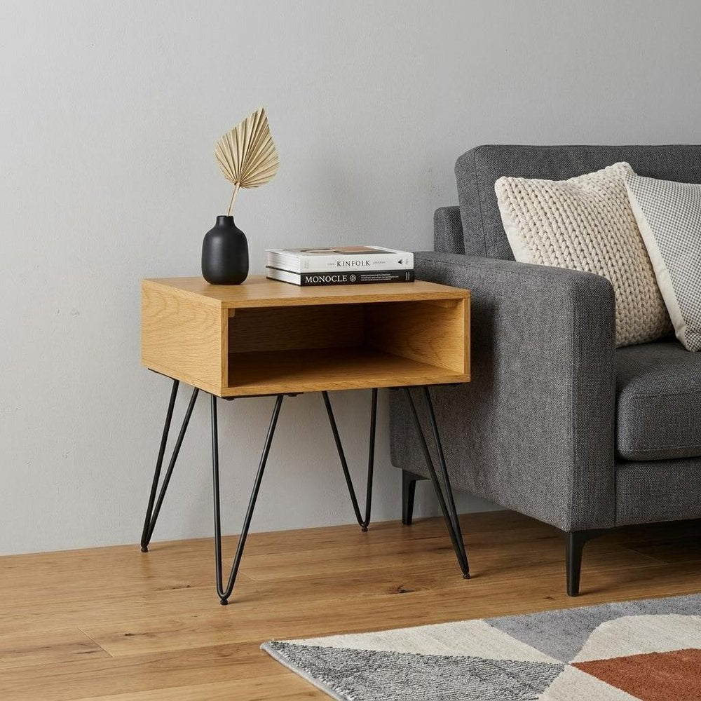 Oak Wood and Iron Square End Table with Shelf - 23-inch