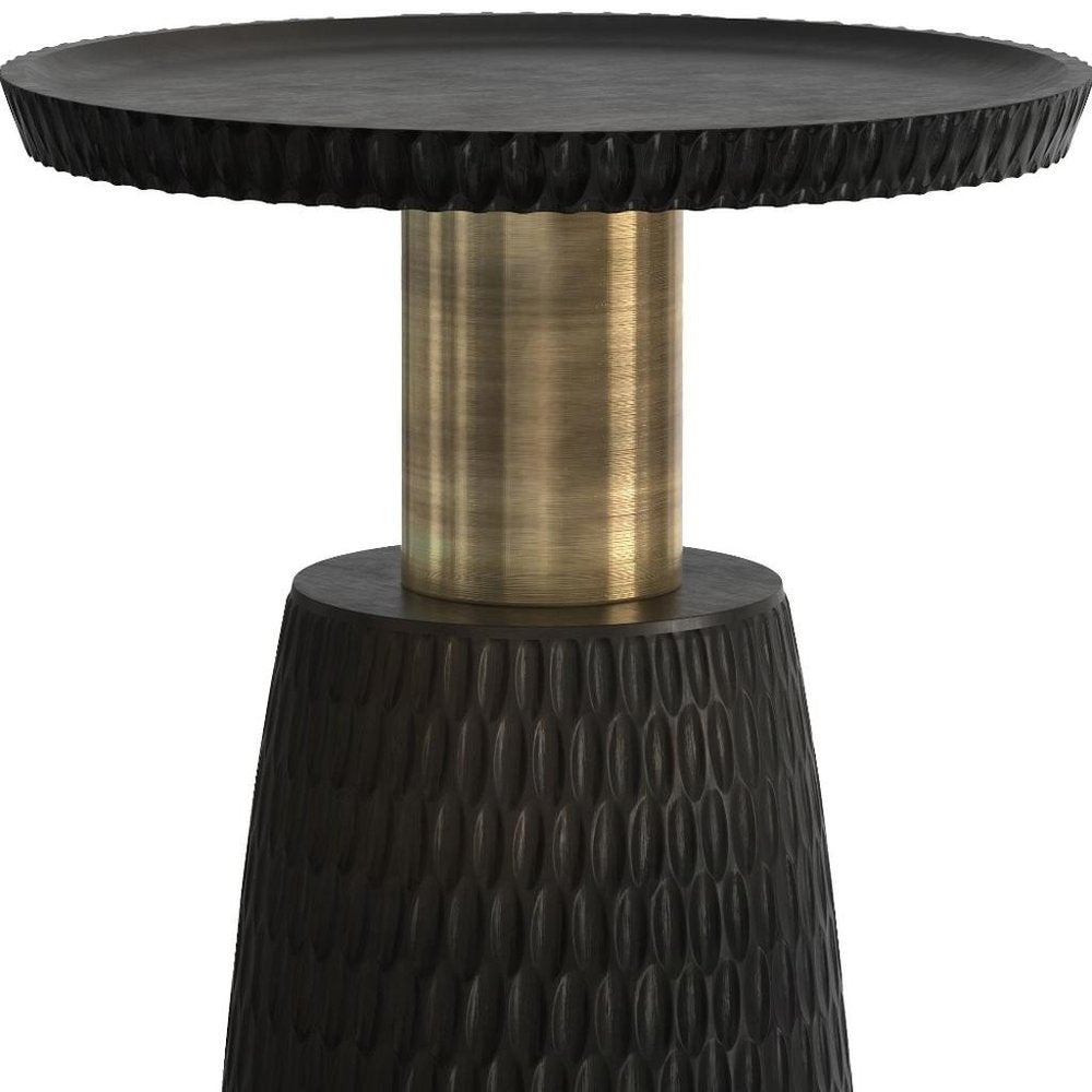 Black and Gold Distressed Solid Wood Round Pedestal End Table - 20-inch