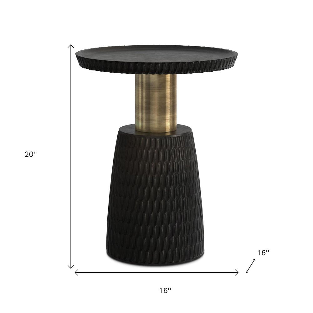 Black and Gold Distressed Solid Wood Round Pedestal End Table - 20-inch