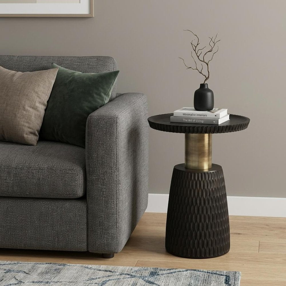 Black and Gold Distressed Solid Wood Round Pedestal End Table - 20-inch