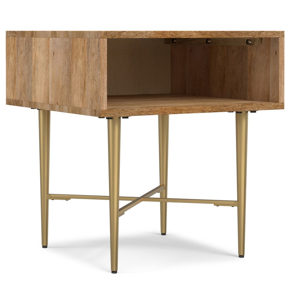 Natural and Gold Solid Wood and Iron Square End Table with Shelf