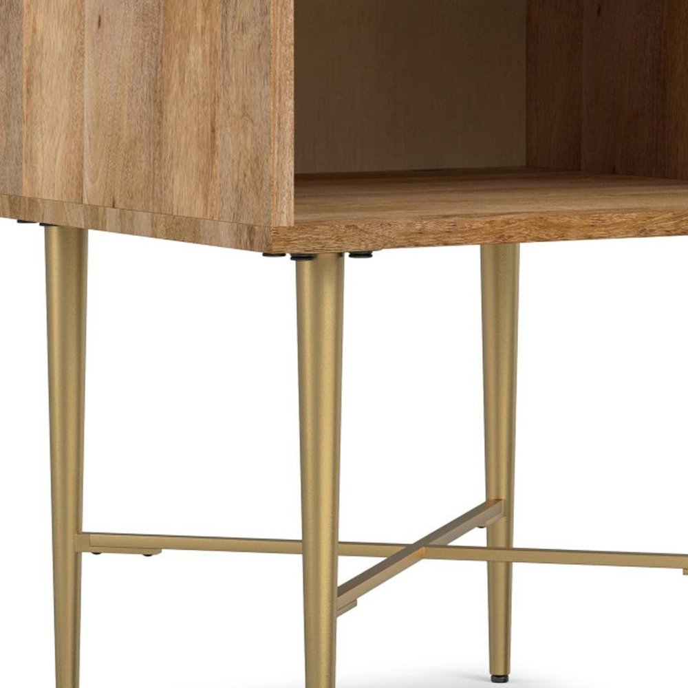 Natural and Gold Solid Wood and Iron Square End Table with Shelf