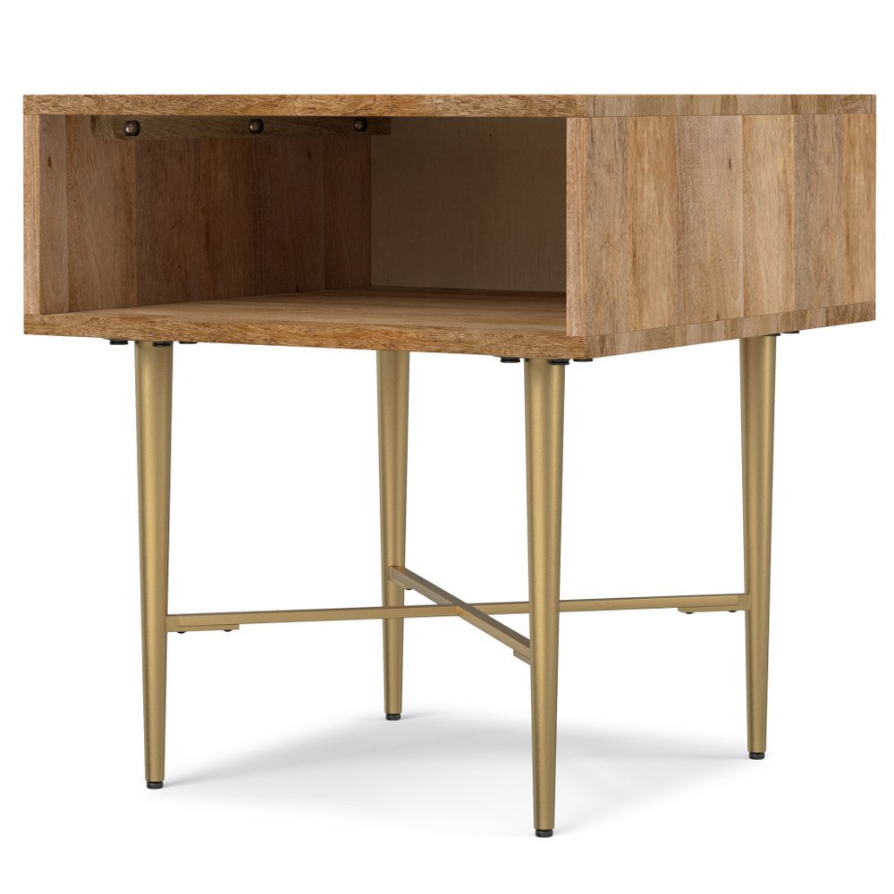 Natural and Gold Solid Wood and Iron Square End Table with Shelf