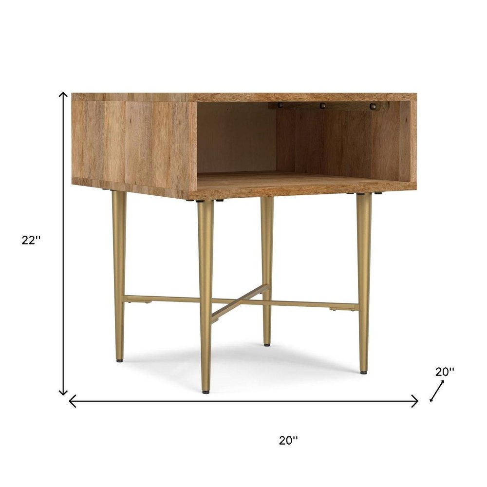 Natural and Gold Solid Wood and Iron Square End Table with Shelf