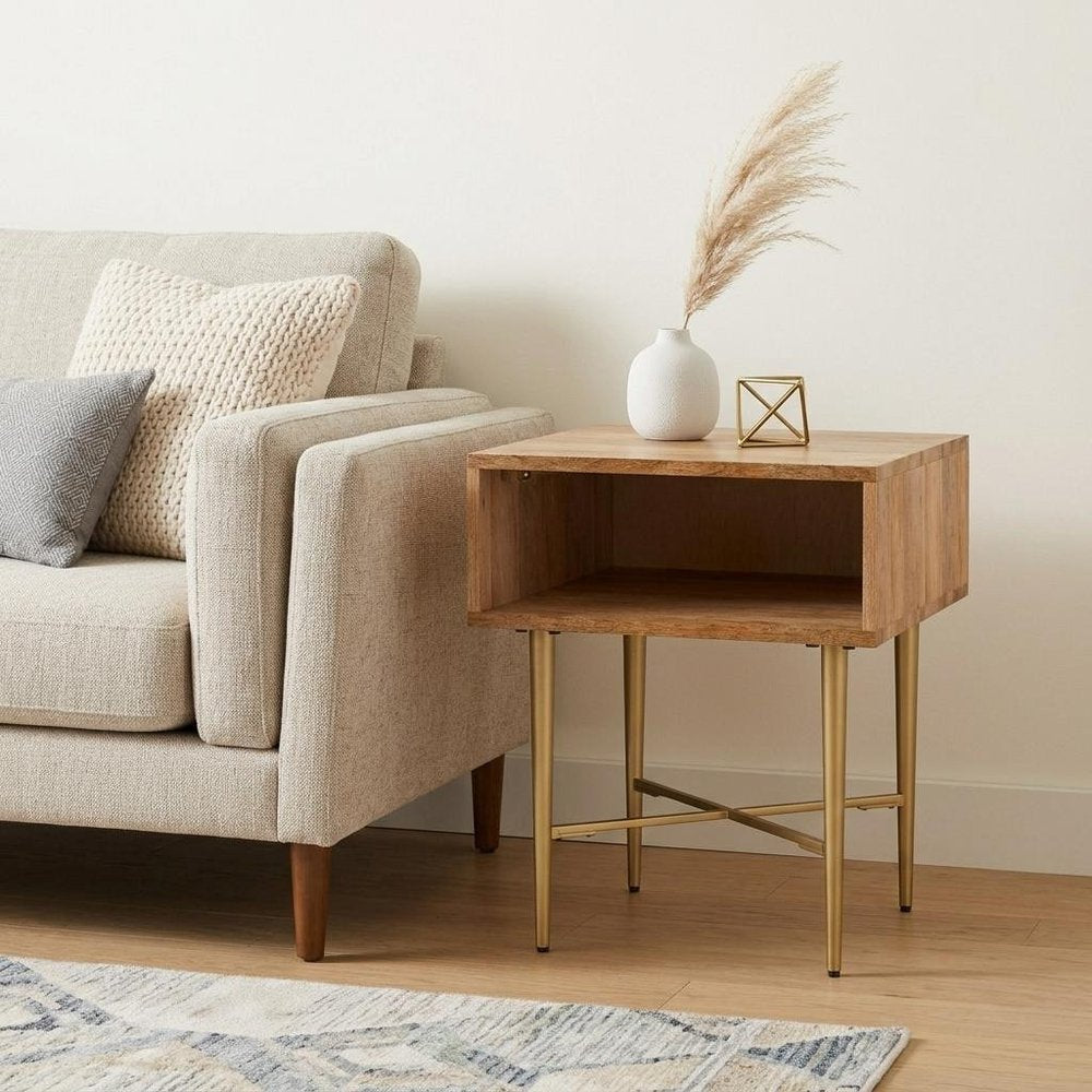 Natural and Gold Solid Wood and Iron Square End Table with Shelf