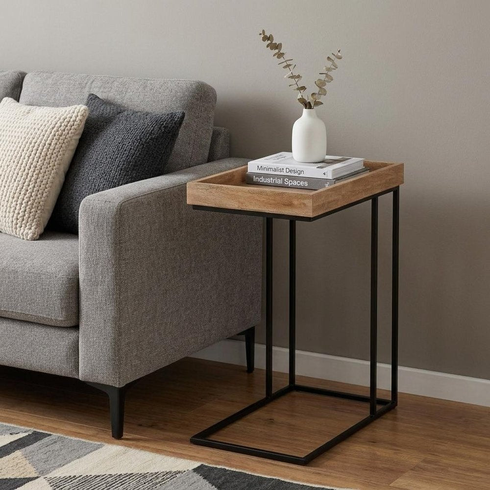 Natural Distressed Solid Wood and Steel End Table - 24-inch