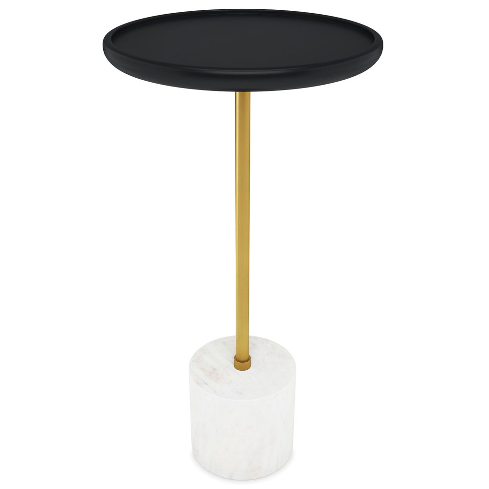 Black Gold and White Solid Wood Iron and Marble Round Pedestal End Table