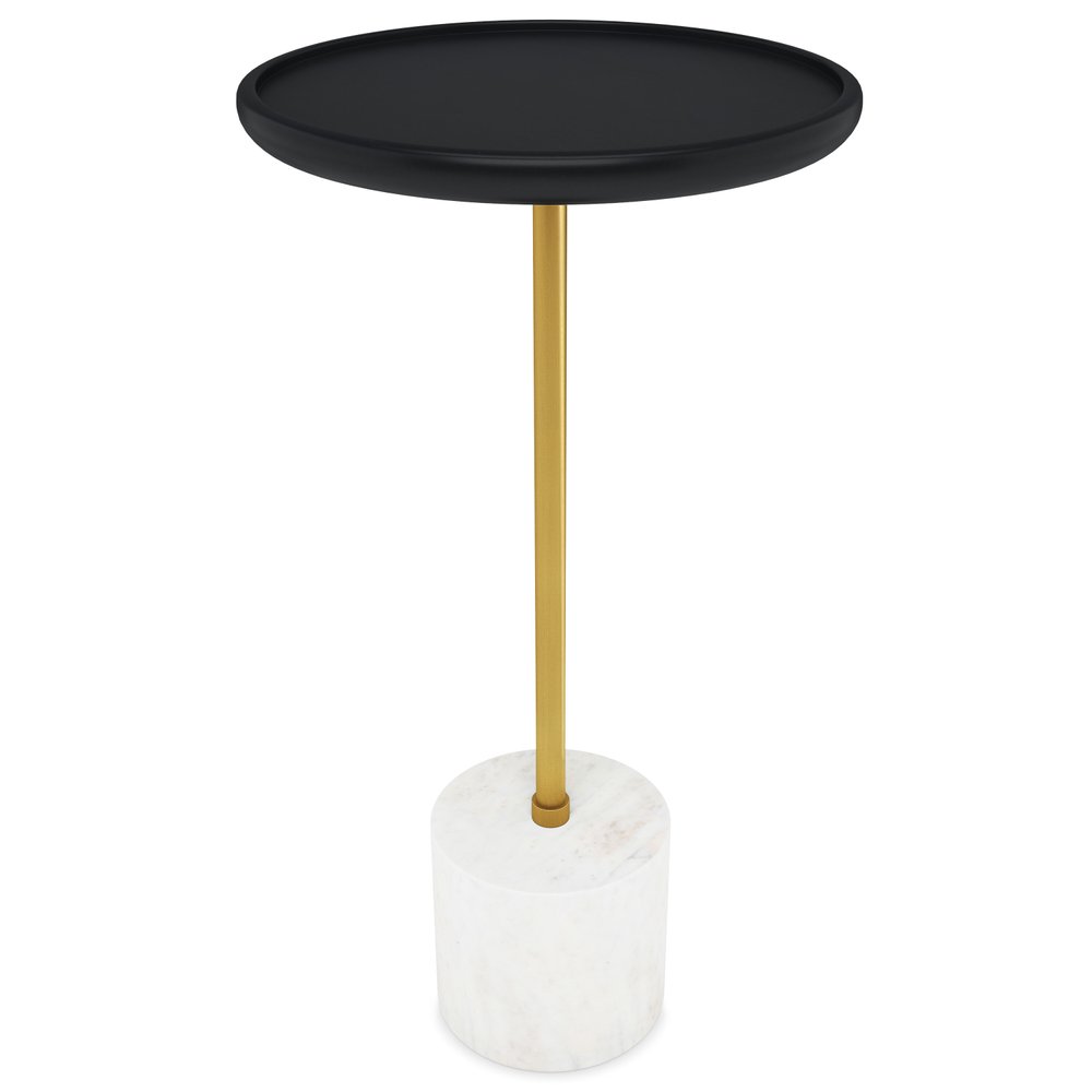 Black Gold and White Solid Wood Iron and Marble Round Pedestal End Table