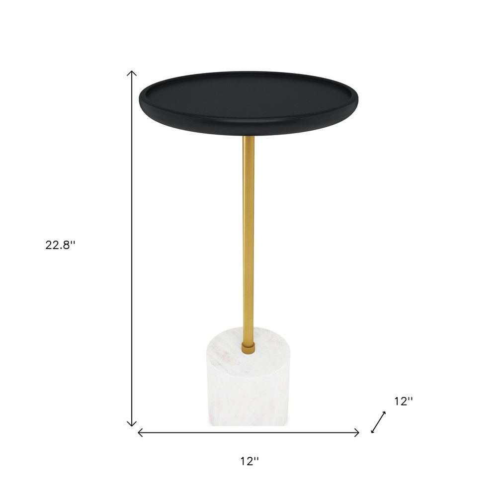 Black Gold and White Solid Wood Iron and Marble Round Pedestal End Table