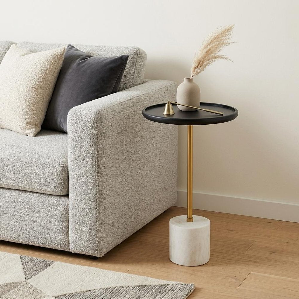 Black Gold and White Solid Wood Iron and Marble Round Pedestal End Table
