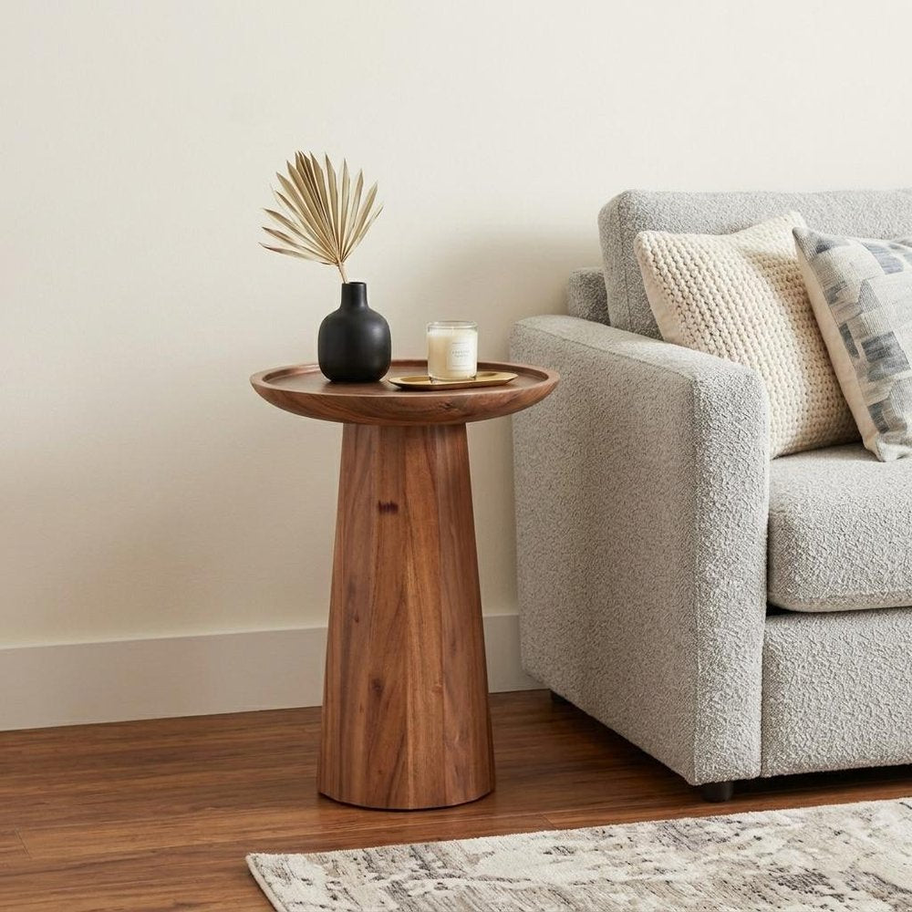 Brown Solid Wood Round Pedestal End Table - 19-inch