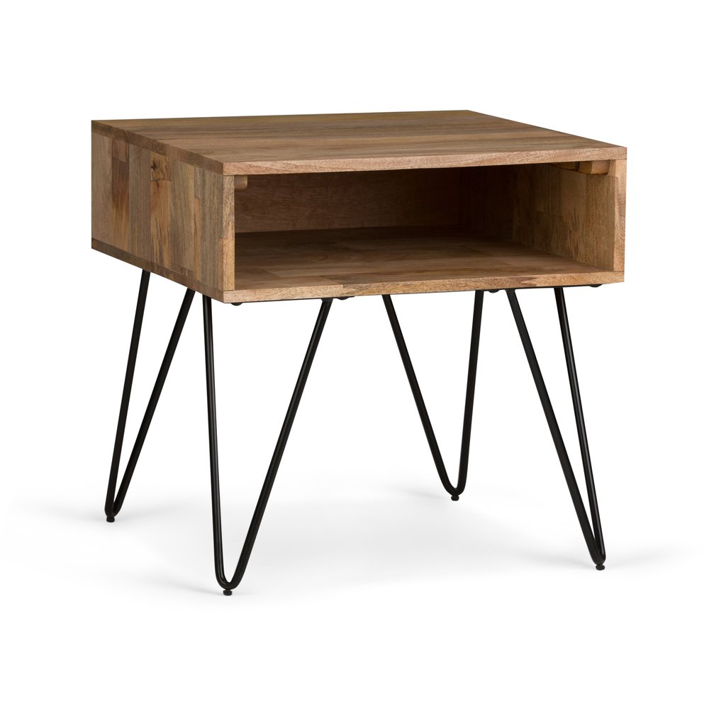 Natural Solid Wood and Iron Square End Table with Shelf - 23-inch