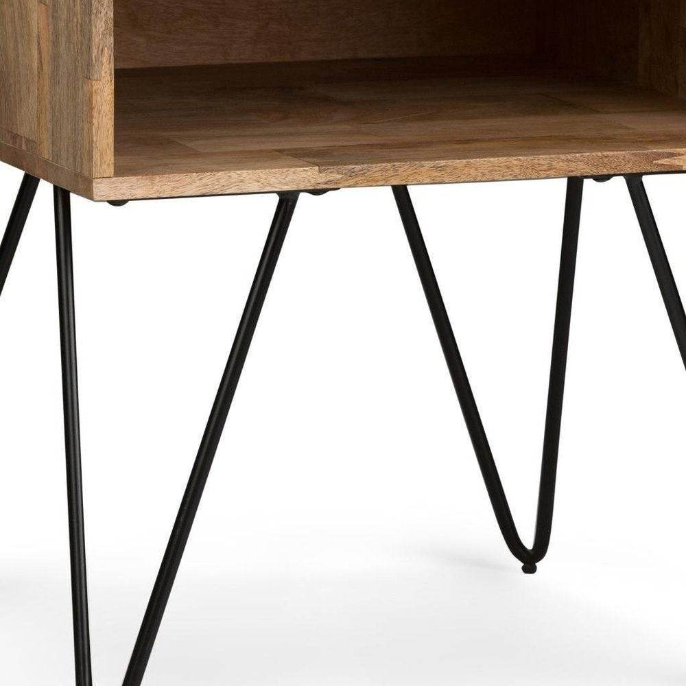 Natural Solid Wood and Iron Square End Table with Shelf - 23-inch