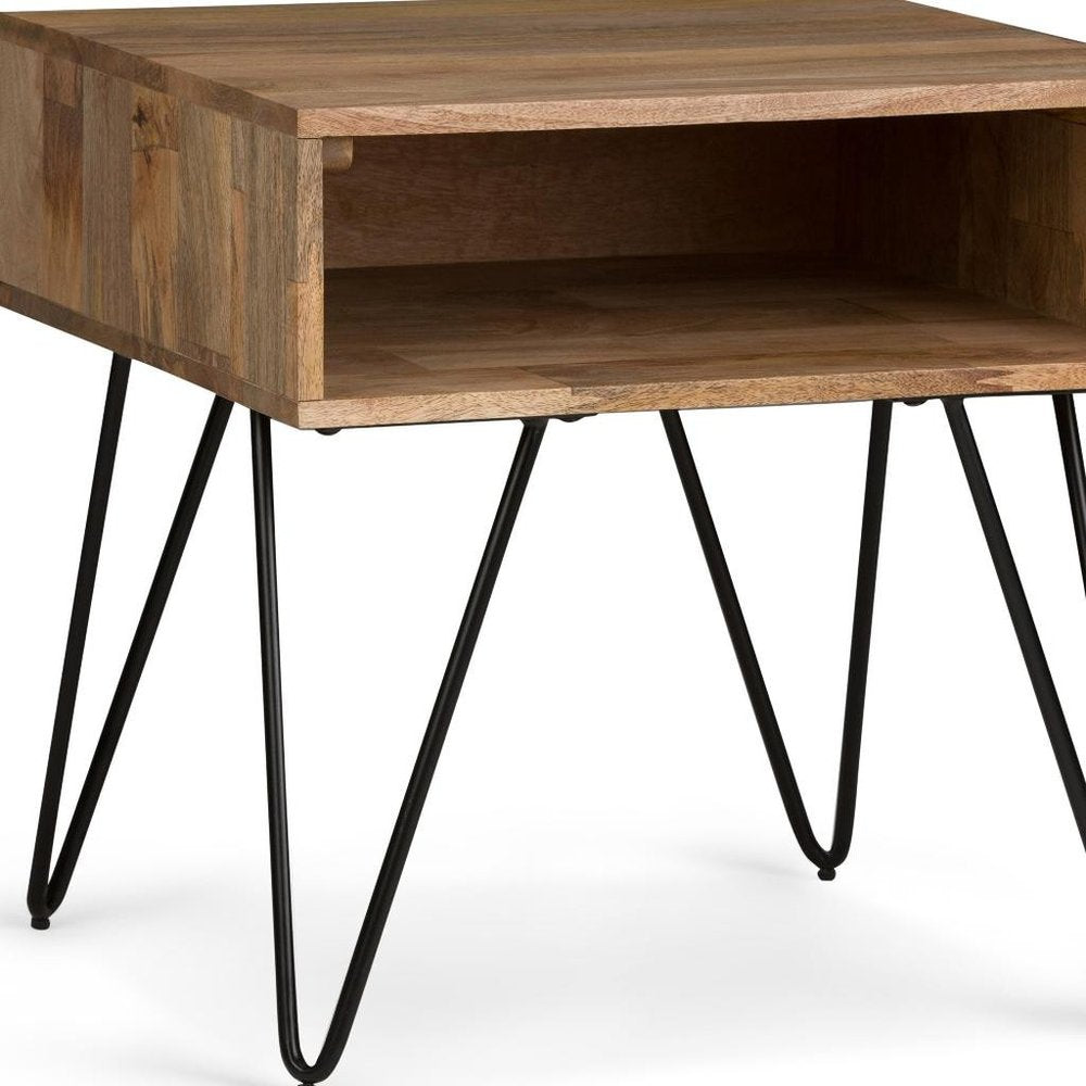 Natural Solid Wood and Iron Square End Table with Shelf - 23-inch