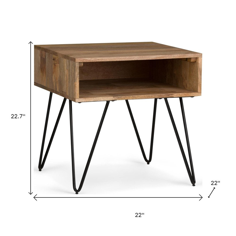 Natural Solid Wood and Iron Square End Table with Shelf - 23-inch