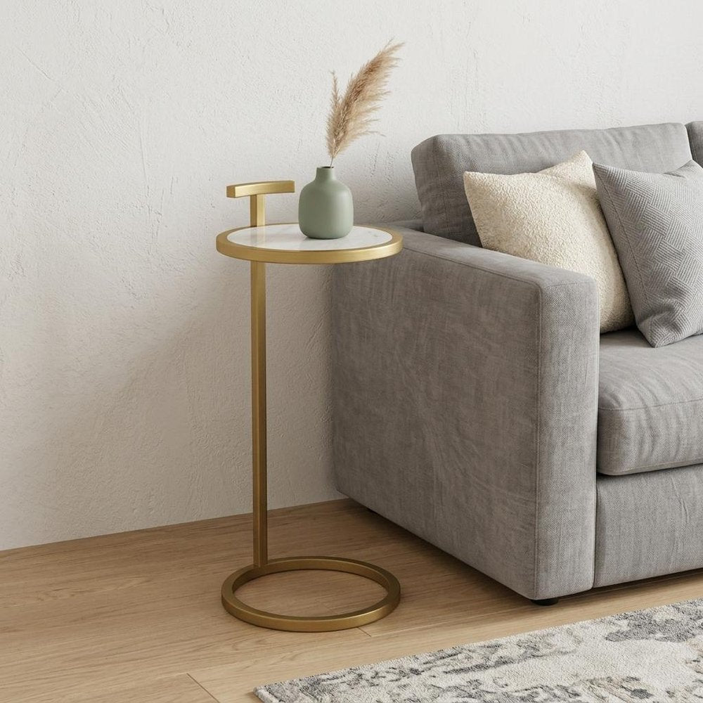 White and Gold Marble and Iron Round End Table - 24-inch