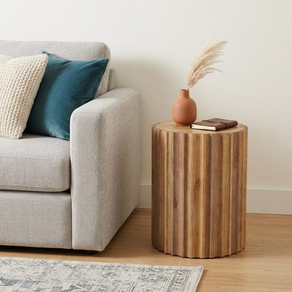 Natural Solid Wood Round Drum End Table - 20-inch