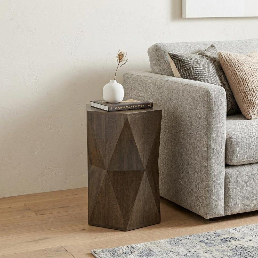 Ash Gray Solid Wood Hexagonal Block End Table - 22-inch