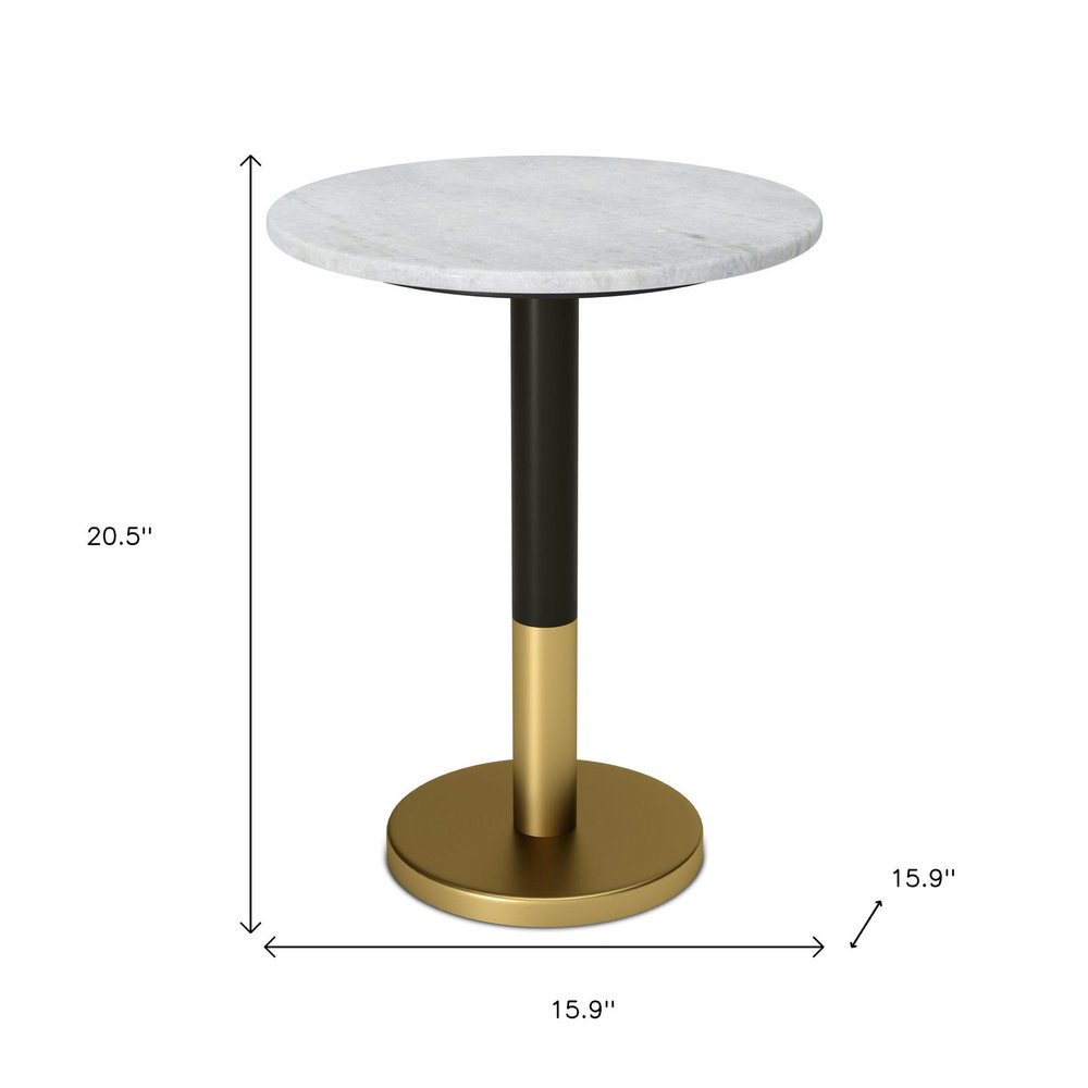 White Black and Gold Marble and Iron Round Pedestal End Table