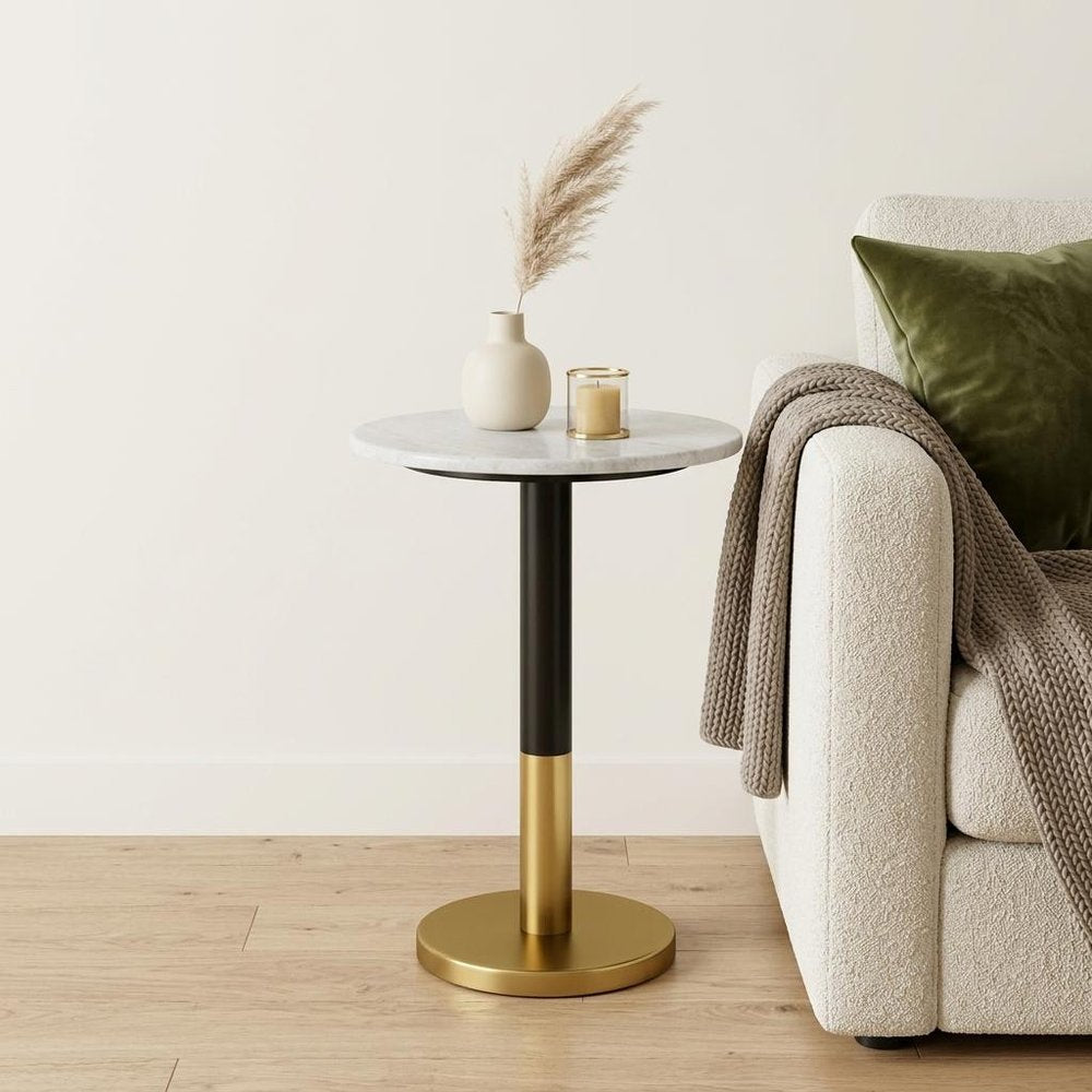 White Black and Gold Marble and Iron Round Pedestal End Table
