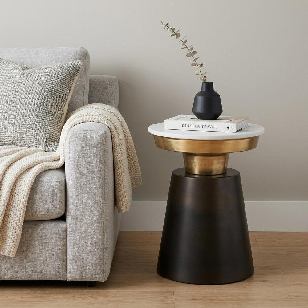 White Black and Gold Marble and Iron Round End Table - 20-inch