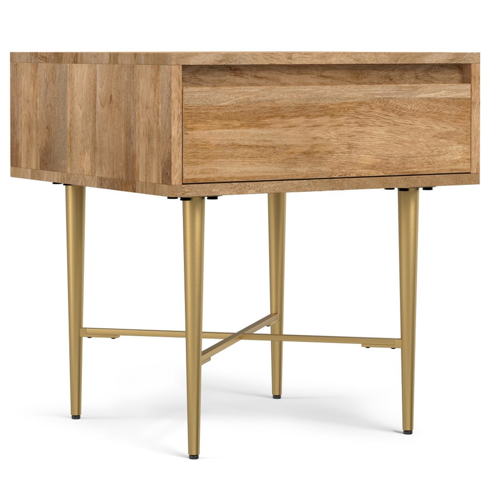 Natural and Gold Solid Wood and Iron Square End Table with Drawer
