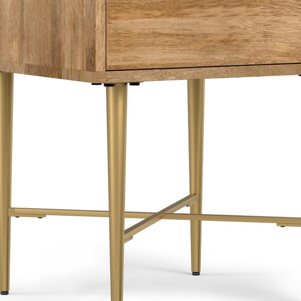 Natural and Gold Solid Wood and Iron Square End Table with Drawer