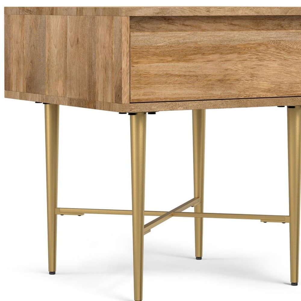 Natural and Gold Solid Wood and Iron Square End Table with Drawer