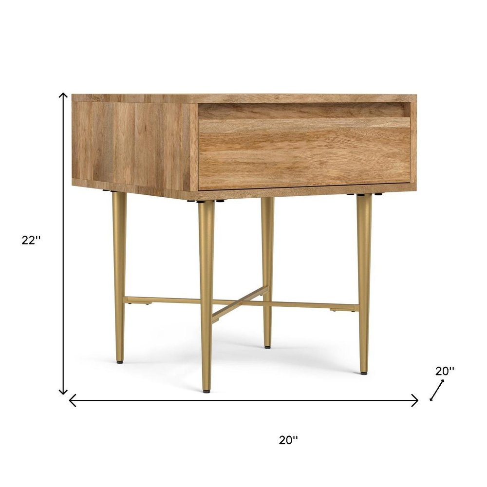 Natural and Gold Solid Wood and Iron Square End Table with Drawer