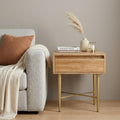Natural and Gold Solid Wood and Iron Square End Table with Drawer