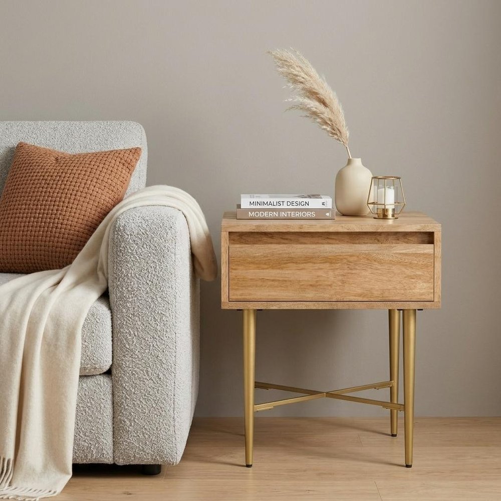 Natural and Gold Solid Wood and Iron Square End Table with Drawer