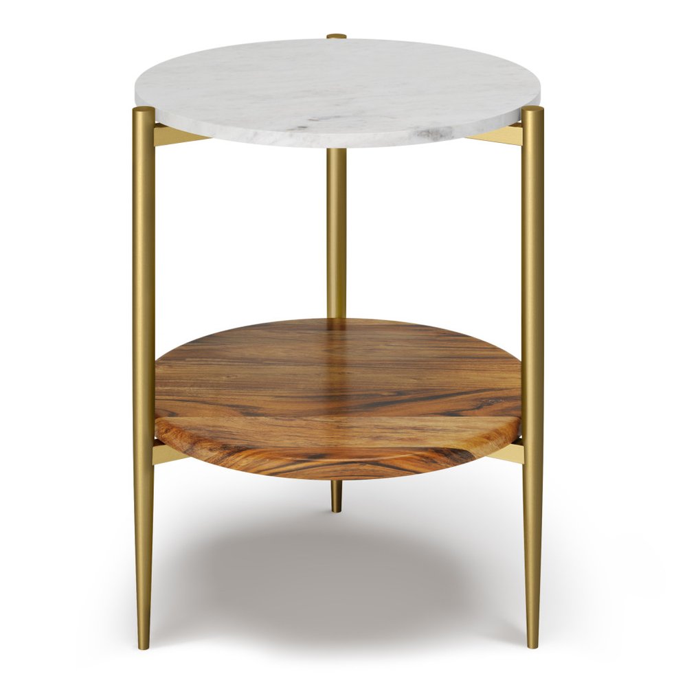 White Antiqued Brass and Natural Marble Iron and Solid Wood Round End Table with Shelf