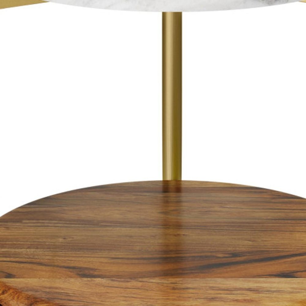 White Antiqued Brass and Natural Marble Iron and Solid Wood Round End Table with Shelf