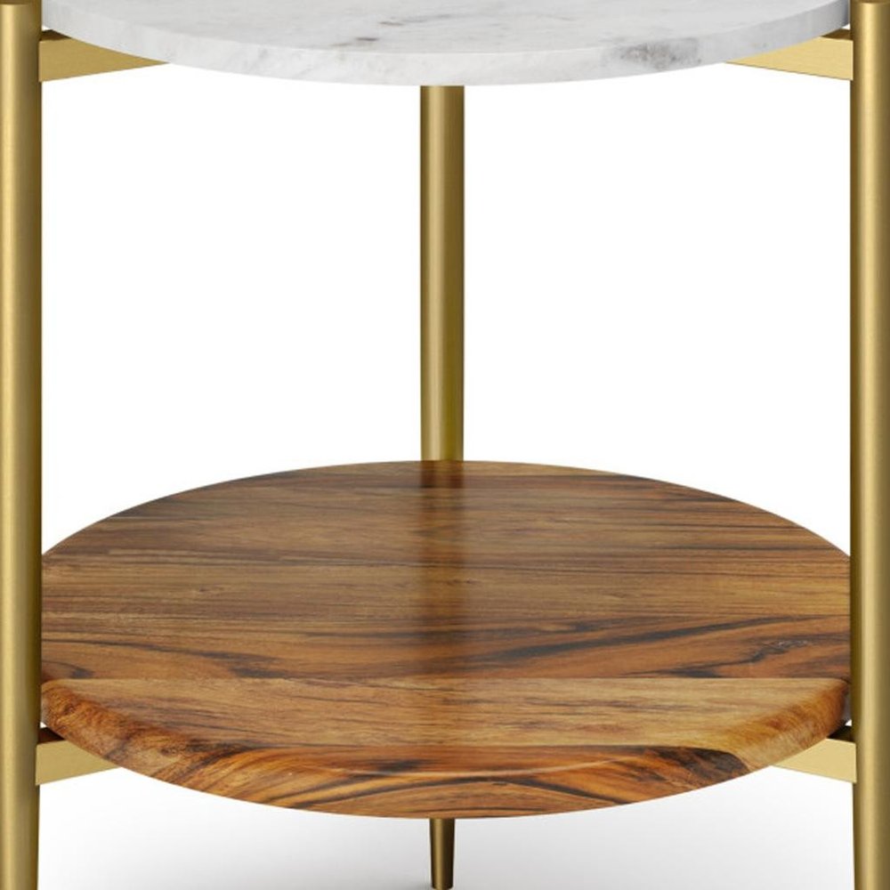 White Antiqued Brass and Natural Marble Iron and Solid Wood Round End Table with Shelf