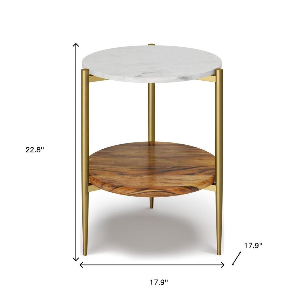White Antiqued Brass and Natural Marble Iron and Solid Wood Round End Table with Shelf