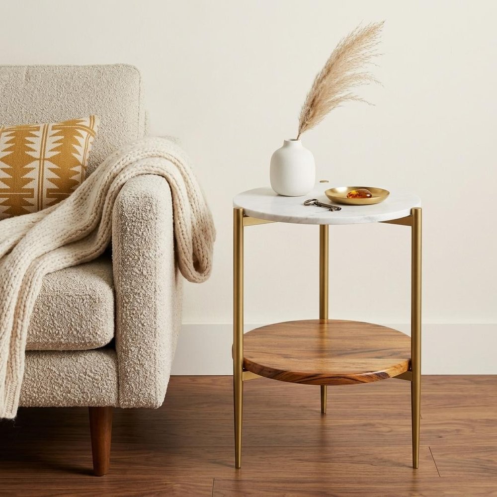 White Antiqued Brass and Natural Marble Iron and Solid Wood Round End Table with Shelf