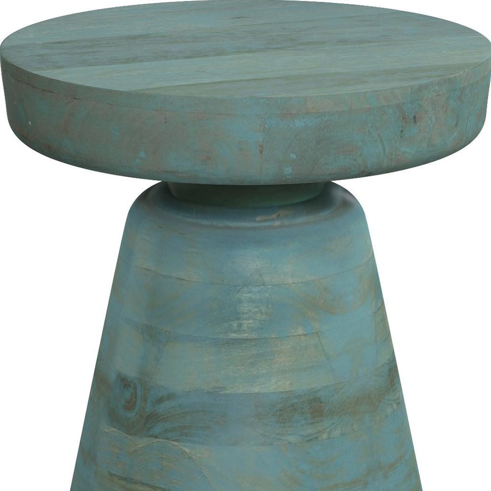 Teal Blue Solid Wood Round Pedestal End Table - 18-inch