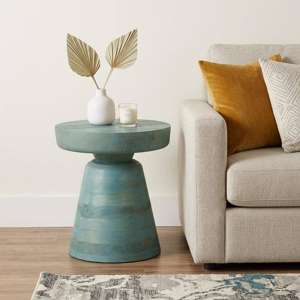 Teal Blue Solid Wood Round Pedestal End Table - 18-inch