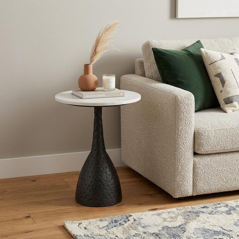 White and Black Marble and Aluminum Round Pedestal End Table - 20-inch